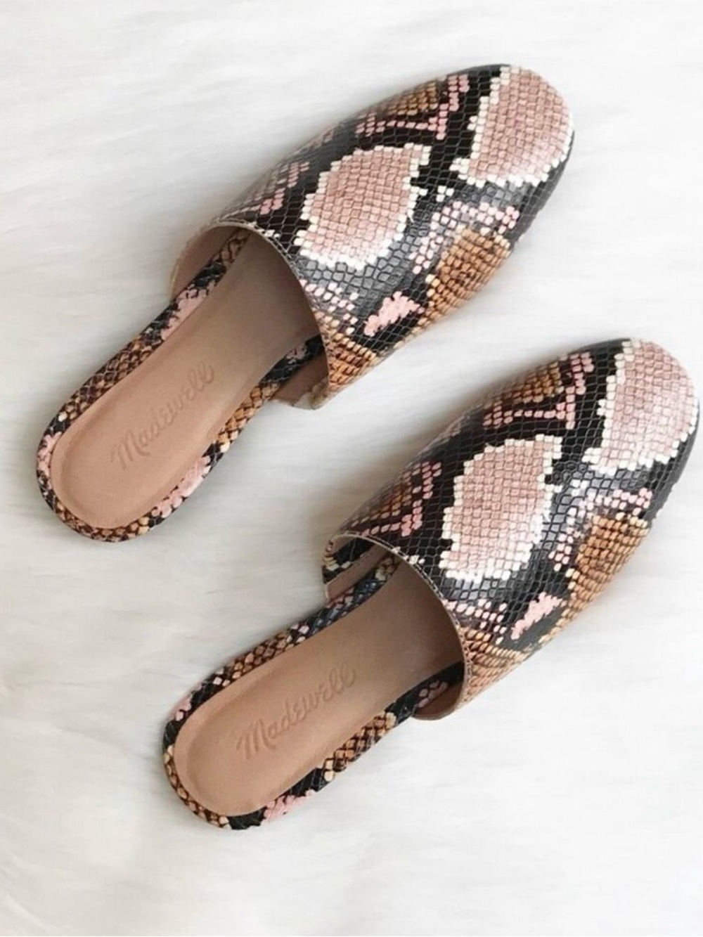 Madewell Snake-Print Slip-On Mules in Pink and Brown